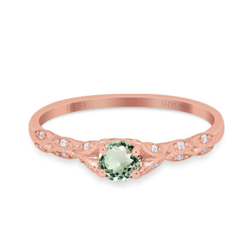 14K Rose Gold 0.33ct Round Petite Dainty Art Deco 4mm G SI Natural Green Amethyst Diamond Engagement Wedding Ring Size 6.5